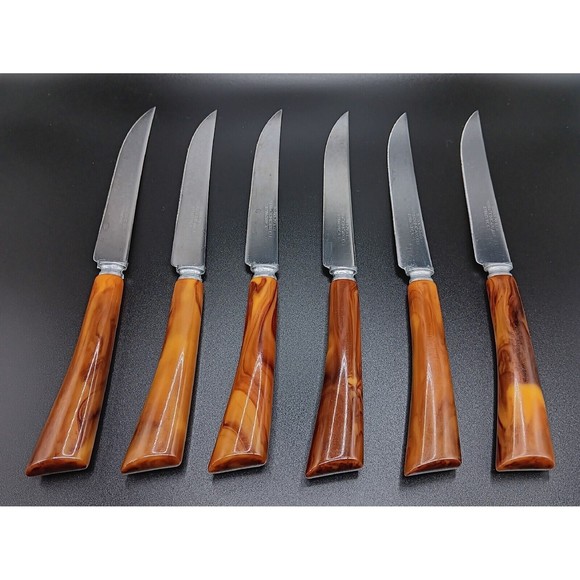 Burns Mfg Co Syracuse NY Bakelite Handle Serrated Steak Knives Cutlery Set 6 MCM - Picture 1 of 5